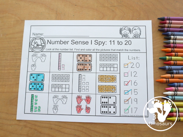 Number Sense I Spy Printable - A fun number worksheet that works on seeing a number and finding the matching items that count to that number with hands, ten frames, tally marks and more - 3Dinosaurs.com