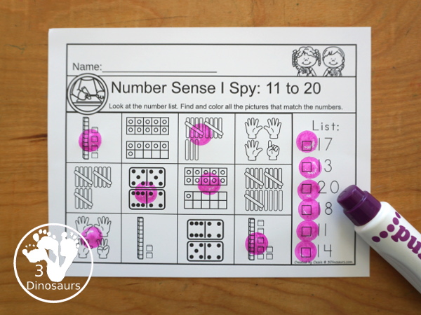Number Sense I Spy Printable - A fun number worksheet that works on seeing a number and finding the matching items that count to that number with hands, ten frames, tally marks and more - 3Dinosaurs.com