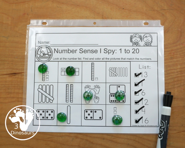 Number Sense I Spy Printable - A fun number worksheet that works on seeing a number and finding the matching items that count to that number with hands, ten frames, tally marks and more - 3Dinosaurs.com