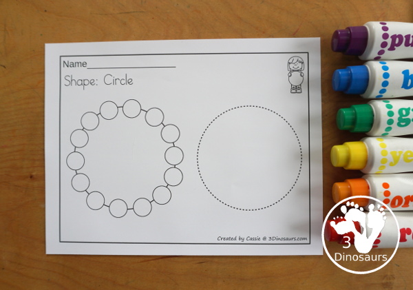 Shape Dot Marker With Tracing Printable has 11 shapes for kids to dot the shape and then trace the shape on the same page. A fine motor printable for shapes that is great for working on shapes. 3Dinosaurs.com