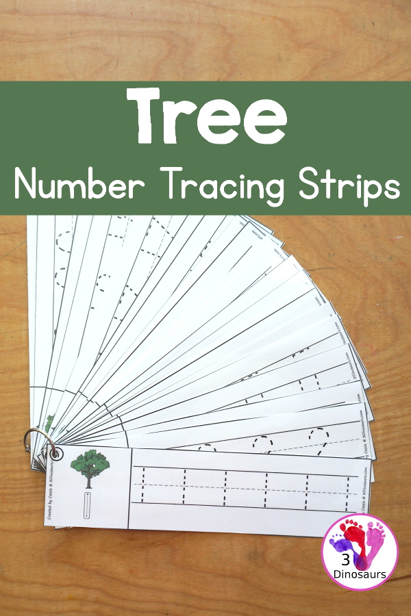 Free Tree Number Tracing Strips - with numbers 0 to 20. You can trace the numbers and an example of how to trace the numbers on the strips, plus a tree on each tracing strip. A great tree theme and fun for Earth Day or Arbor Day- 3Dinosaurs.com