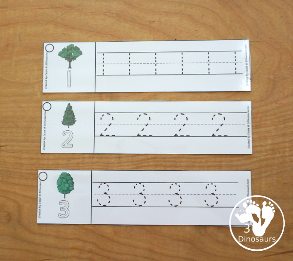 Free Tree Number Tracing Strips - with numbers 0 to 20. You can trace the numbers and an example of how to trace the numbers on the strips, plus a tree on each tracing strip. A great tree theme and fun for kids Earth Day or Arbor Day- 3Dinosaurs.com