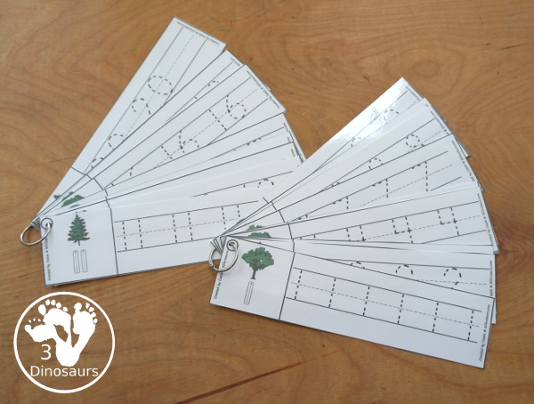 Free Tree Number Tracing Strips - with numbers 0 to 20. You can trace the numbers and an example of how to trace the numbers on the strips, plus a tree on each tracing strip. A great tree theme and fun for kids Earth Day or Arbor Day- 3Dinosaurs.com