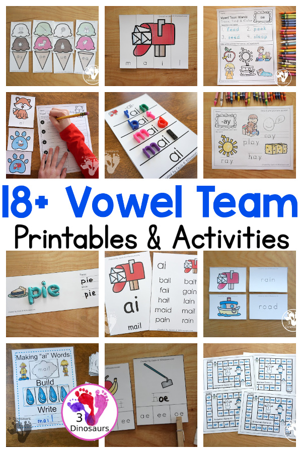 17+ Vowel Team Printables & Activities - You will find the following vowel team printables: wall cards, puzzles, hands-on learning, no-prep printables, and more. - 3Dinosaurs.com