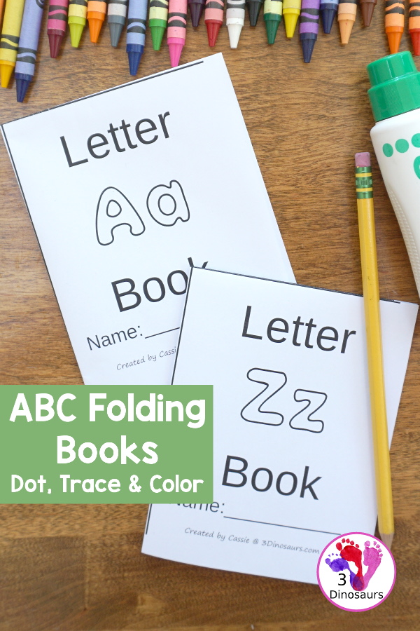 ABC Folding Book: Dot Trace & Color - all 26 letters in fun folding books for kids to use! These are great for a quick review or introduction and make great centers for kids - 3Dinosaurs.com