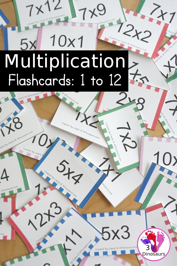Free Multiplication Flash Cards Printables - with multiplication from 1 to 12 with white, red, green, pink and blue options for the cards with 8 cards on each page - 3Dinosaurs.com