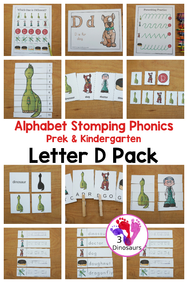 Free Alphabet Stomping Phonics D PreK-Kinder Pack - a fun letter pack with cards, puzzles, pictures, matching, color and all working on the Letter D. An easy, fun learning pack for the Letter D. - 3Dinosaurs.com