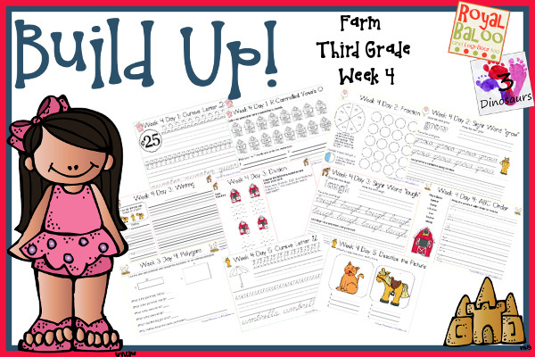 Build Up Summer Learning: Week 4 Farm - Third Grade: Sight Words: better, grow, laugh, show, together; o R-Controlled Vowels, Cursive Alphabet:Q, R, S, T, U; Math & Language - 3Dinosaurs.com & RoyalBaloo.com