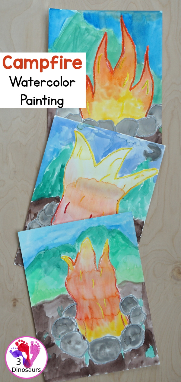 Campfire Watercolor Painting - a fun way to paint and mix colors with this watercolor process art project  - 3Dinosaurs.com