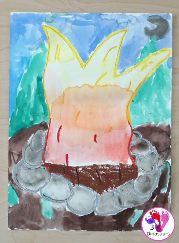 Campfire Watercolor Process Art - a fun way to paint and mix colors with this watercolor process art project - 3Dinosaurs.com