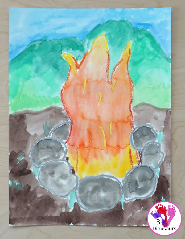 Campfire Watercolor Process Art - a fun way to paint and mix colors with this watercolor process art project - 3Dinosaurs.com