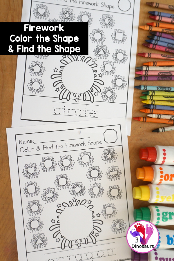 Firework Color the Shape & Find the Shape - you have 12 shapes for kids to learn about A fun way to work on shapes and shape words. A great kindergarten and prek worksheet for shapes - 3Dinosaurs.com