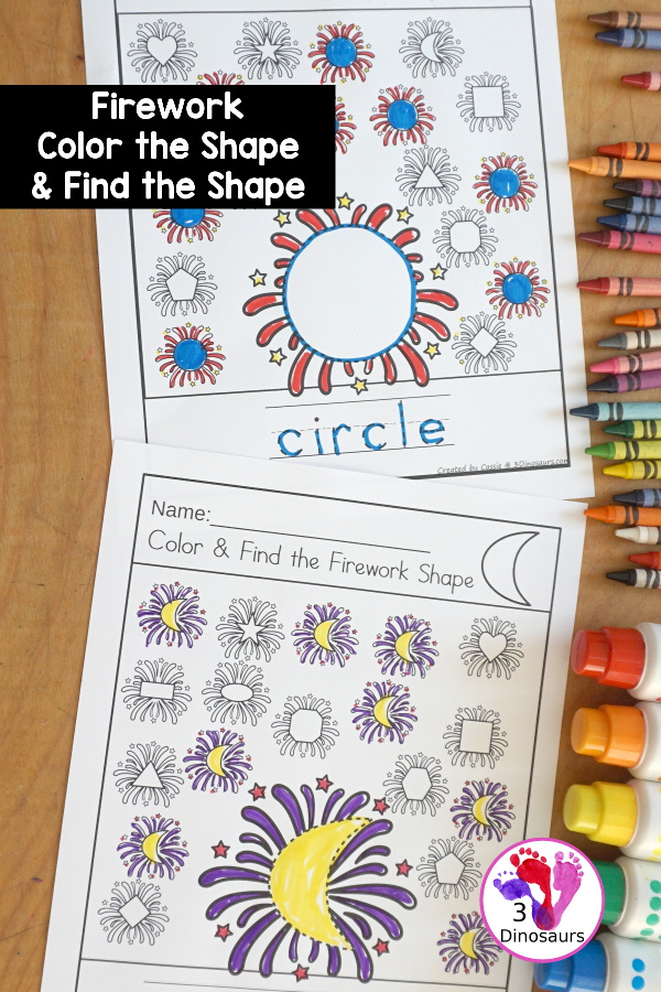 Firework Color the Shape & Find the Shape - you have 12 shapes for kids to learn about A fun way to work on shapes and shape words. A great kindergarten and prek worksheet for shapes - 3Dinosaurs.com