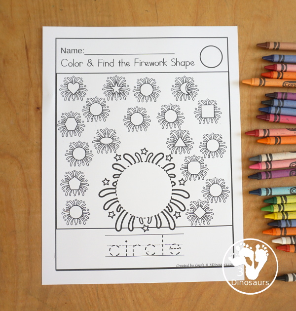 Firework Color the Shape & Find the Shape - you have 12 shapes for kids to learn about A fun way to work on shapes and shape words. A great kindergarten and prek worksheet for shapes - 3Dinosaurs.com