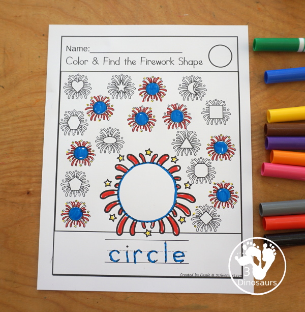 Firework Color the Shape & Find the Shape - you have 12 shapes for kids to learn about A fun way to work on shapes and shape words. A great kindergarten and prek worksheet for shapes - 3Dinosaurs.com