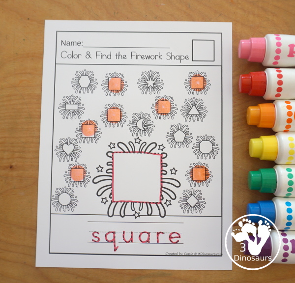 Firework Color the Shape & Find the Shape - you have 12 shapes for kids to learn about A fun way to work on shapes and shape words. A great kindergarten and prek worksheet for shapes - 3Dinosaurs.com