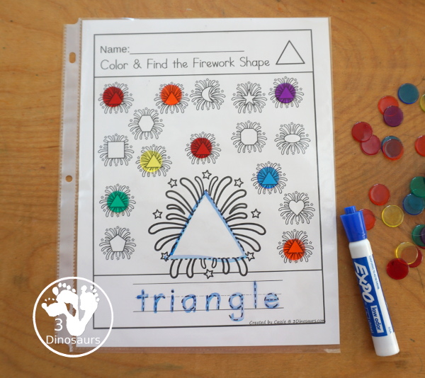 Firework Color the Shape & Find the Shape - you have 12 shapes for kids to learn about A fun way to work on shapes and shape words. A great kindergarten and prek worksheet for shapes - 3Dinosaurs.com