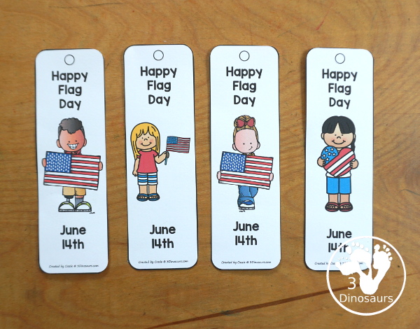 Free Flag Day Bookmark Printables - 8 fun bookmarks with kids with different flags with Happy flag day at the top and June 14th at the bottom of the bookmarks.- 3Dinosaurs.com
