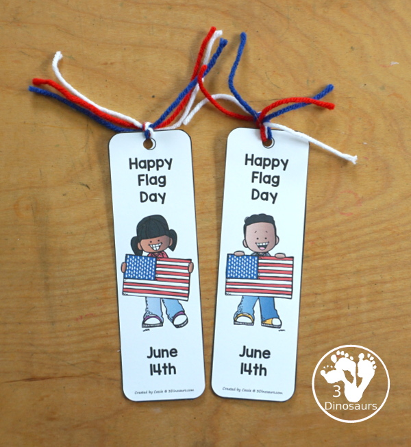 Free Flag Day Bookmark Printables - 8 fun bookmarks with kids with different flags with Happy flag day at the top and June 14th at the bottom of the bookmarks.- 3Dinosaurs.com