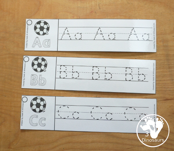 Free Soccer ABC Tracing Strips - with uppercase and lowercase together. You have fun kids with a soccer ball, plus you can see an example of how to trace the letters - 3Dinosaurs.com