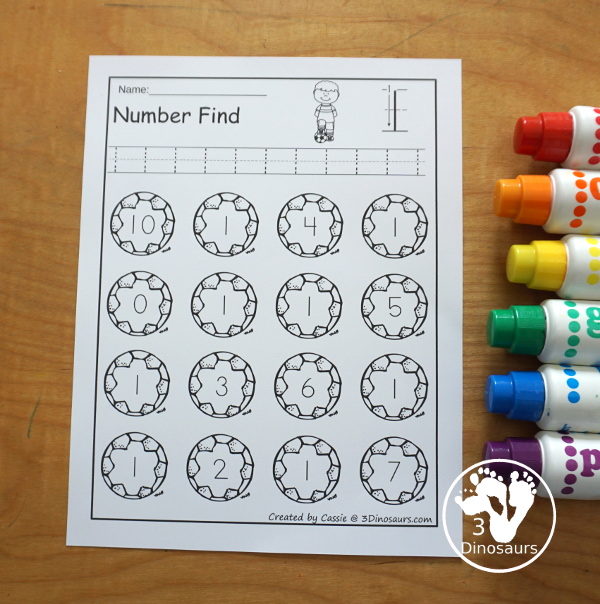Soccer Number Find Printable: Numbers 0 to 20 - a great way to work on number tracing and then number finding for kids. You have number words and numerical numbers for kids to work on for prek and kindergarten. - 3Dinosaurs.com