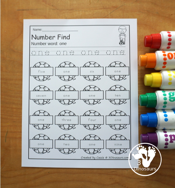Soccer Number Find Printable: Numbers 0 to 20 - a great way to work on number tracing and then number finding for kids. You have number words and numerical numbers for kids to work on for prek and kindergarten. - 3Dinosaurs.com