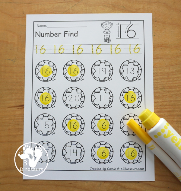 Soccer Number Find Printable: Numbers 0 to 20 - a great way to work on number tracing and then number finding for kids. You have number words and numerical numbers for kids to work on for prek and kindergarten. - 3Dinosaurs.com