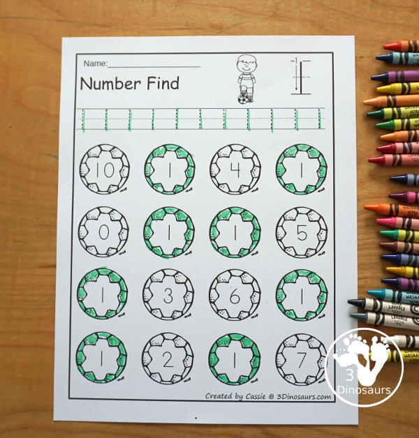 Soccer Number Find Printable: Numbers 0 to 20 - a great way to work on number tracing and then number finding for kids. You have number words and numerical numbers for kids to work on for prek and kindergarten. - 3Dinosaurs.com