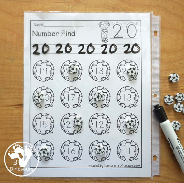 Soccer Number Find Printable: Numbers 0 to 20 - a great way to work on number tracing and then number finding for kids. You have number words and numerical numbers for kids to work on for prek and kindergarten. - 3Dinosaurs.com