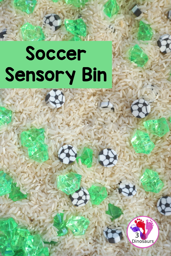 Soccer Sensory Bin - a simple sensory bin with rice filler with green rocks and soccer erasers for the parts of the sensory bin. A fun summer sport theme for kids. 3Dinosaurs.com