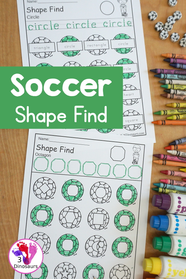 Soccer Shape Find Printable - a fun printable that works on shape words and geometric shapes for kids. You have to trace the shapes and then find the shapes below. A very fun shape printable for kids. - 3Dinosaurs.com