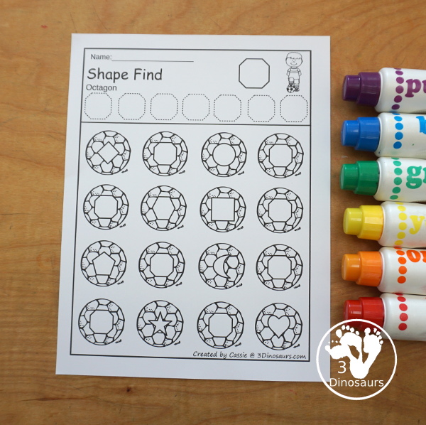 Soccer Shape Find Printable - a fun printable that works on shape words and geometric shapes for kids. You have to trace the shapes and then find the shapes below. A very fun shape printable for kids. - 3Dinosaurs.com