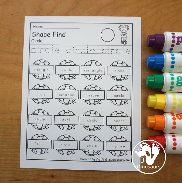 Soccer Shape Find Printable - a fun printable that works on shape words and geometric shapes for kids. You have to trace the shapes and then find the shapes below. A very fun shape printable for kids. - 3Dinosaurs.com
