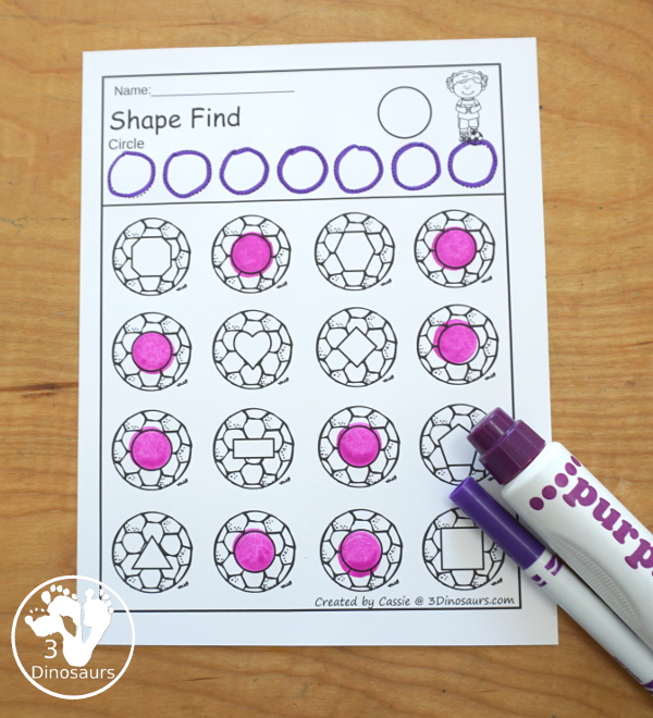 Soccer Shape Find Printable - a fun printable that works on shape words and geometric shapes for kids. You have to trace the shapes and then find the shapes below. A very fun shape printable for kids. - 3Dinosaurs.com
