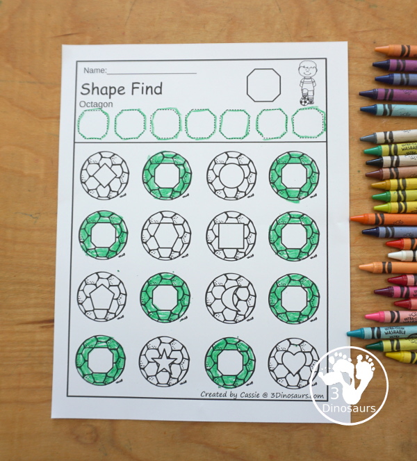Soccer Shape Find Printable - a fun printable that works on shape words and geometric shapes for kids. You have to trace the shapes and then find the shapes below. A very fun shape printable for kids. - 3Dinosaurs.com