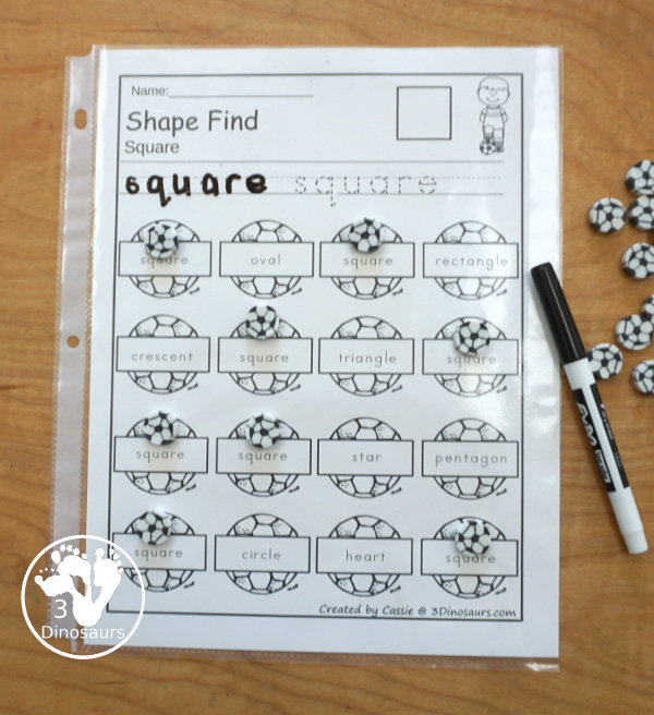 Soccer Shape Find Printable - a fun printable that works on shape words and geometric shapes for kids. You have to trace the shapes and then find the shapes below. A very fun shape printable for kids. - 3Dinosaurs.com