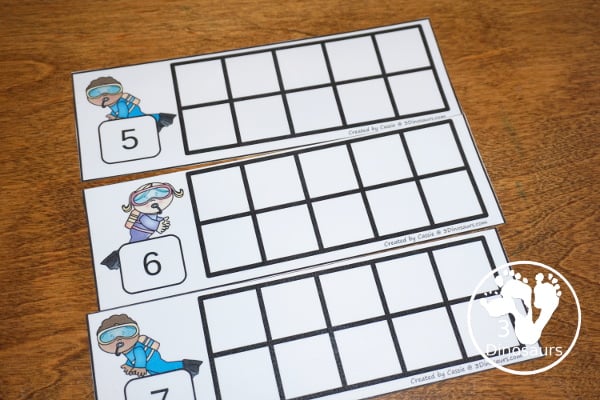 Ocean Themed Ten Frame Printables: No-Prep & Hands-On - 81 pages of printables working on ten frame activities for numbers 1 to 20 with hands on and no-prep: cards, worksheets and easy reader books. - 3Dinosaurs.com