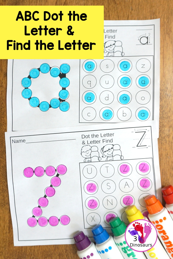 No-Prep ABC Dot the Letter & Find the Letter - all 26 letters of the alphabet in uppercase only or lowercase only dot the letter and find the letter - 3Dinosaurs.com