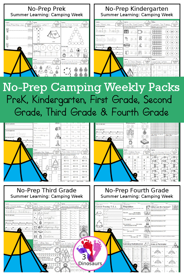  Camping No-Prep Weekly Packs PreK, Kindergarten, First Grade, Second Grade, Third Grade & Fourth Grade with 5 days of activities to do for each grade level With loads of hiking, tents, and camping in the mix - You will find a mix of math, language, and more - These are easy to use packs for summer learning, homework, early finisher, and morning work. Easy no-prep printables for kids with four pages for each day - 3Dinosaurs.com