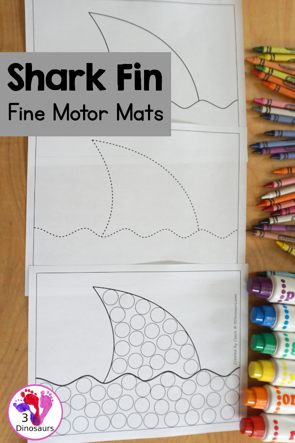 Free Shark Fin Fine Motor Mat Printables - three fun shark fine motor mats with a shark fin template printable, shark find tracing printable, and shark fin dot marker printable - 3Dinosaurs.com