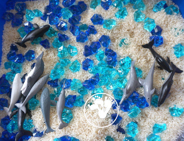 Dolphin and Whale Sensory Bin for kids - a simple sensory bin you can do for an ocean theme with kids. A great preschool and kindergarten age sensory bin for kids - 3Dinosaurs.com