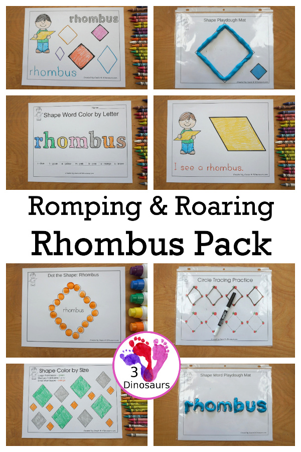 Free Romping & Roaring Rhombus Pack - a free 10 page shape pack for kids to use to learn their shape with tracing, coloring, dot markers and more. - 3Dinosaurs.com