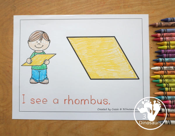 Free Romping & Roaring Rhombus Pack - a free 10 page shape pack for kids to use to learn their shape with tracing, coloring, dot markers and more. - 3Dinosaurs.com