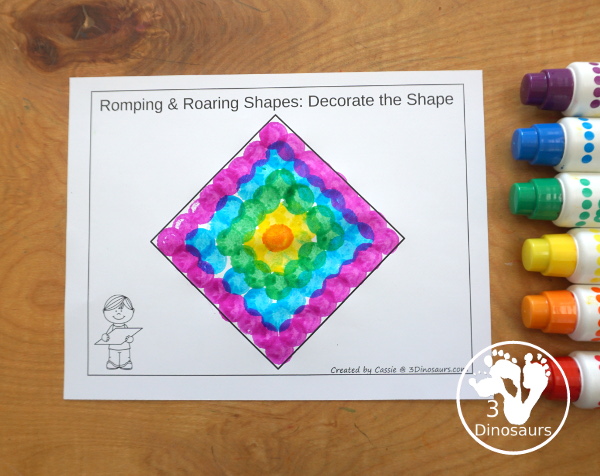 Free Romping & Roaring Rhombus Pack - a free 10 page shape pack for kids to use to learn their shape with tracing, coloring, dot markers and more. - 3Dinosaurs.com