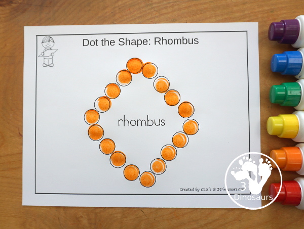 Free Romping & Roaring Rhombus Pack - a free 10 page shape pack for kids to use to learn their shape with tracing, coloring, dot markers and more. - 3Dinosaurs.com