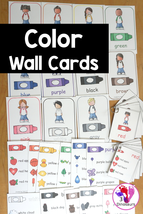 Color Word Wall Cards - Two Types of Wall Cards for displaying colors for kids. You have two types with crayon and kid for color and crayon with pictures of items that have that color. You have 2 wall cards per page or a small version to use with kids on rings. Great for preschool, prek and kindergarten. 3Dinosaurs.com