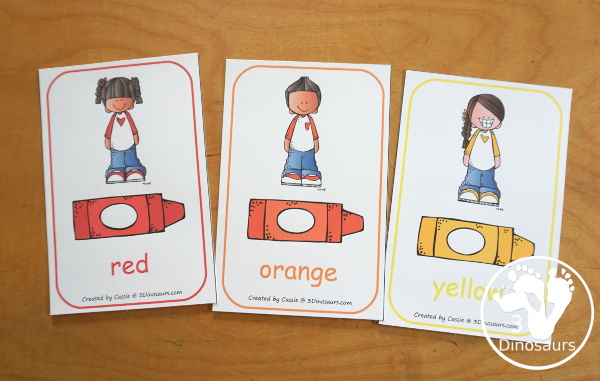 Color Word Wall Cards - Two Types of Wall Cards for displaying colors for kids. You have two types with crayon and kid for color and crayon with pictures of items that have that color. You have 2 wall cards per page or a small version to use with kids on rings. Great for preschool, prek and kindergarten. 3Dinosaurs.com