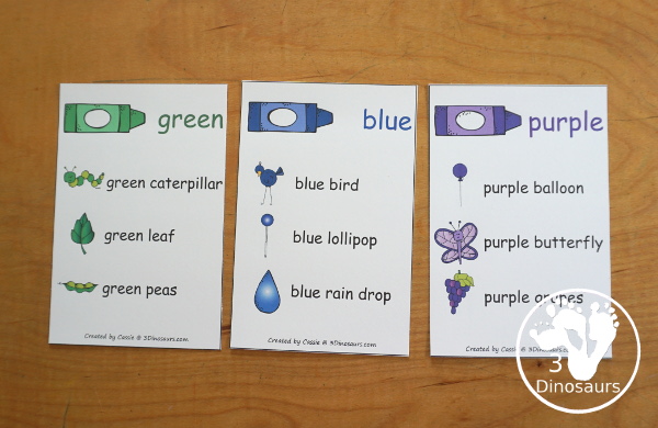 Color Word Wall Cards - Two Types of Wall Cards for displaying colors for kids. You have two types with crayon and kid for color and crayon with pictures of items that have that color. You have 2 wall cards per page or a small version to use with kids on rings. Great for preschool, prek and kindergarten. 3Dinosaurs.com