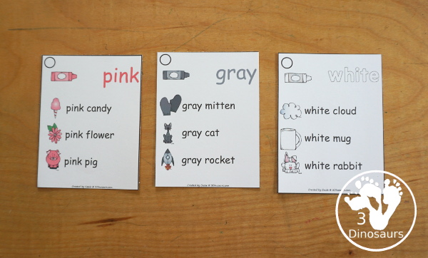 Color Word Wall Cards - Two Types of Wall Cards for displaying colors for kids. You have two types with crayon and kid for color and crayon with pictures of items that have that color. You have 2 wall cards per page or a small version to use with kids on rings. Great for preschool, prek and kindergarten. 3Dinosaurs.com