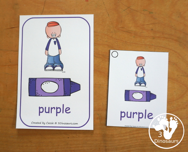 Color Word Wall Cards - Two Types of Wall Cards for displaying colors for kids. You have two types with crayon and kid for color and crayon with pictures of items that have that color. You have 2 wall cards per page or a small version to use with kids on rings. Great for preschool, prek and kindergarten. 3Dinosaurs.com